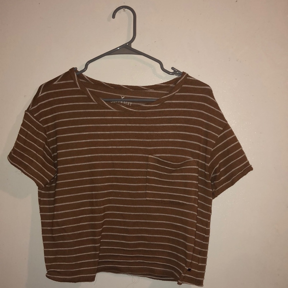 American Eagle Plush Cropped Brown Striped T-shirt